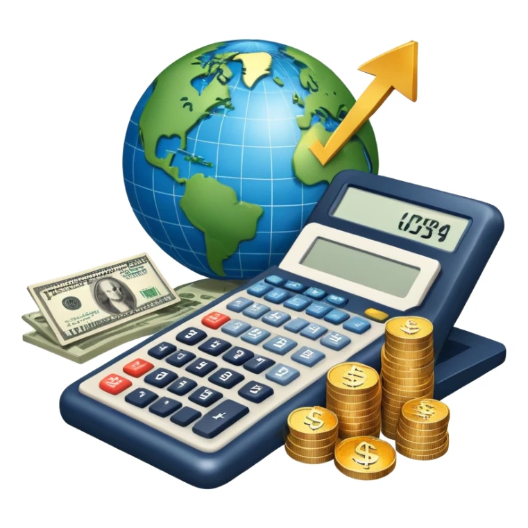 An icon featuring a calculator, a dollar sign, and a chart with upward trends, symbolizing economics. The design includes coins, bills, and a globe, representing global trade and financial systems. Transparent background highlights the study of markets, supply, and demand. sticker