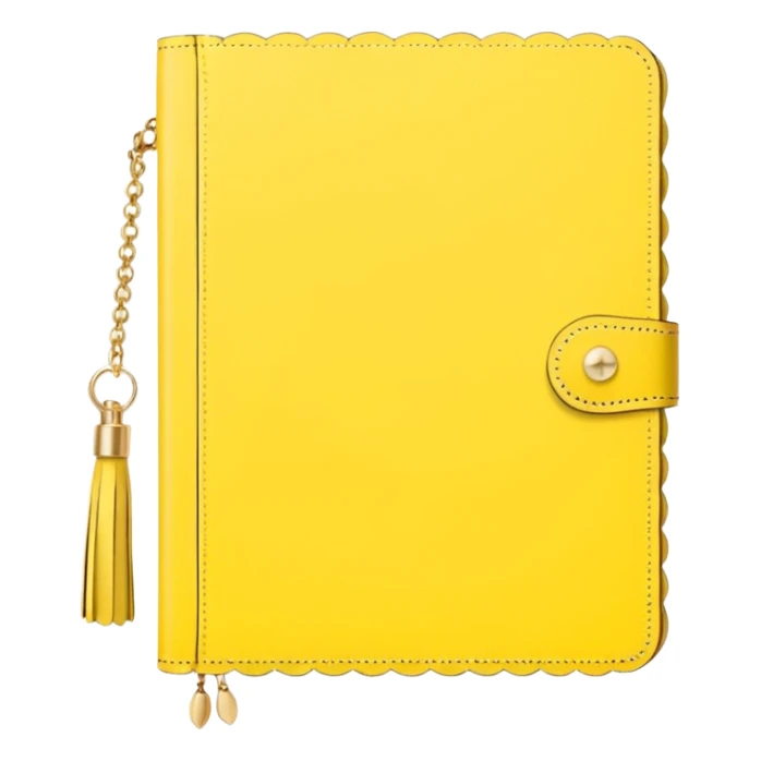 a soft yellow lemon color journal with scalloped edges, tiny gold dot details, and a small tassel charm, cozy and elegant stationery vibe sticker