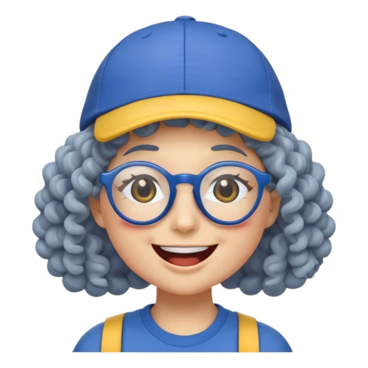 female yellow smiley face emoji, big smile, winking, wearing a blue ballcap backwards, grey curly hair, glasses, no eye color, head only, yellow, simple style, no ornament on hat sticker