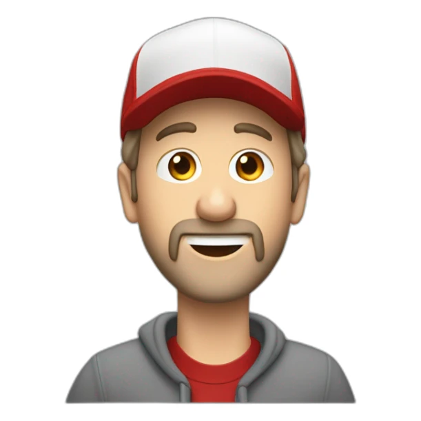 Beardless forty-something white man with a red cap and a red sweatshirt sings into a microphone sticker