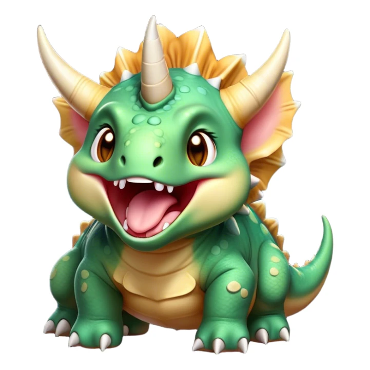 Cinematic Cute Yawning Triceratops Portrait Emoji, Head tilted slightly with a dramatic, wide-open yawn, showcasing a robust, horned body with a frilled head and sleepy, half-closed eyes, Simplified yet irresistibly cute features, highly detailed, glowing with a soft, cozy prehistoric glow, high shine, relaxed yet expressive, stylized with a dash of whimsical ancient charm, soft glowing outline, capturing the essence of a drowsy yet affectionate Triceratops that appears ready to stretch and yawn its way out of the screen! sticker