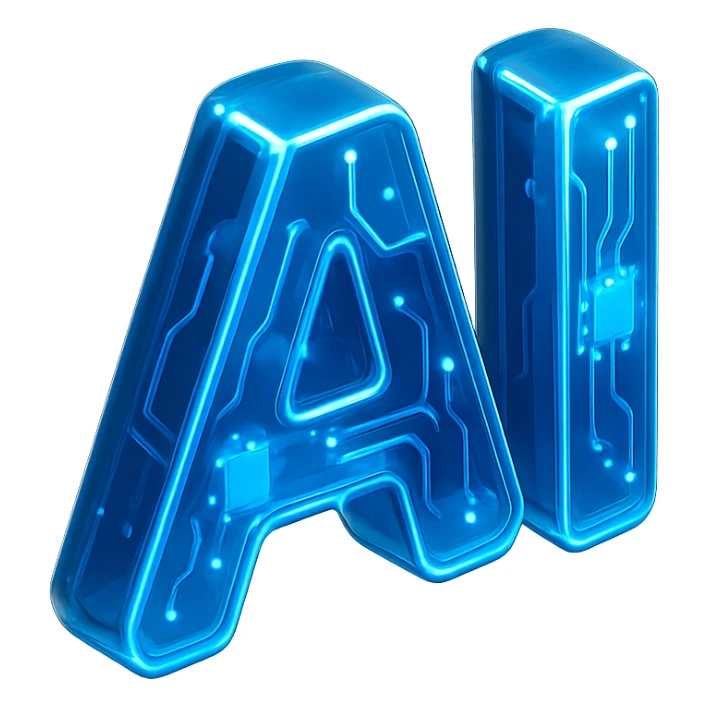 letters 'AI' in a modern, tech-inspired style, glowing blue, transparent background sticker