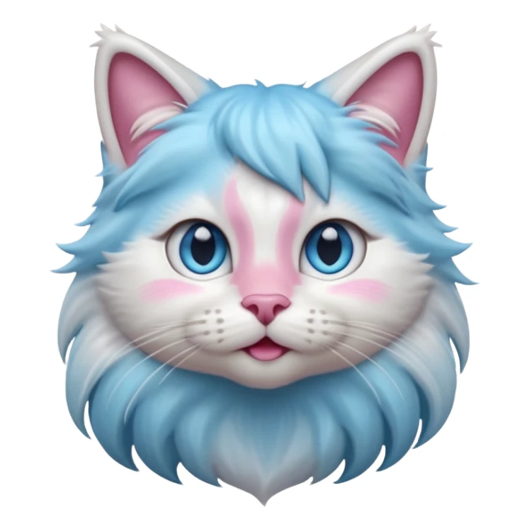 A cute fluffy long-haired cat face emoji, grey and white bicolor fur, thick white mane around the neck, stunning icy blue eyes, pink nose, long whiskers, looking up slightly, soft lighting, 3D Apple style emoji, high detail. sticker