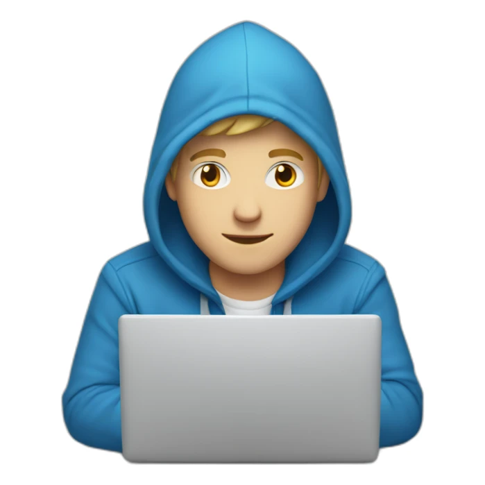 White Young man with a blue hood behind his laptop opened sticker