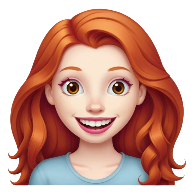 Young girl with pale skin, longer face, full pink lips smiling with big teeth, very long ginger red hair, big brown eyes, bigger nose, big mouth sticker