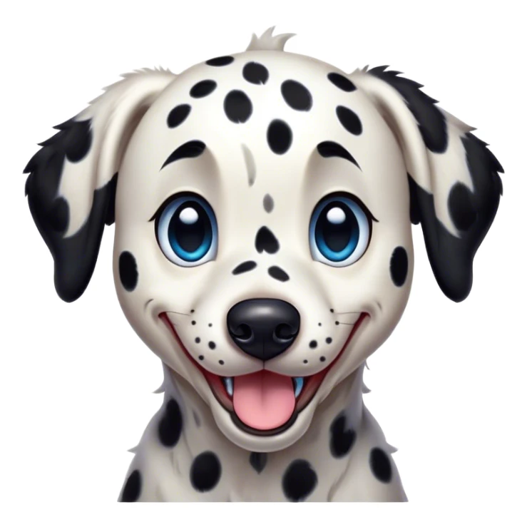 Cinematic Comical Spotted Dalmatian Portrait Emoji, Head tilted dramatically with an exaggeratedly shocked or amused expression, featuring a striking Fur of predominantly white with vivid black patches, wide, expressive blue eyes filled with playful disbelief, Simplified yet hilariously expressive features, highly detailed, glowing with a slightly sassy glow, high shine, dramatic yet playful, stylized with an air of cheeky charm, bright and endearing, soft glowing outline, capturing the essence of a spirited and over-the-top guardian, so meme-worthy it feels like it could side-eye its way into internet fame instantly! sticker