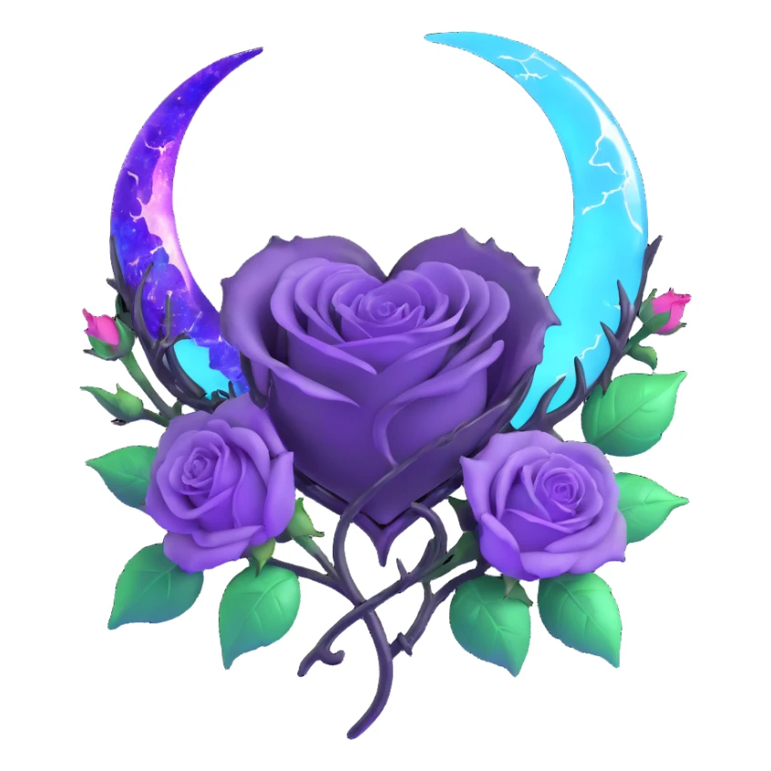 gothic heart made of translucent lavender glass, silver crescent moon, glowing violet roses, holographic stardust, neon cyan lightning, drenched and splintered glass sticker