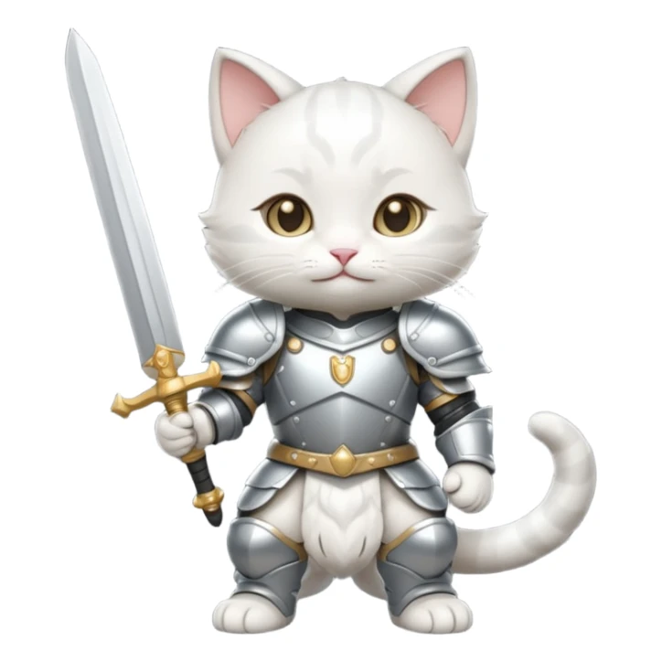 baby chibi white cat in silver armor, full body, smile, hold sword sticker