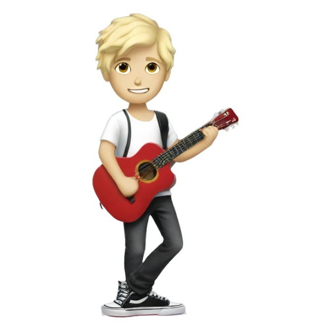 blonde boy with guitar indoors in Vans sticker