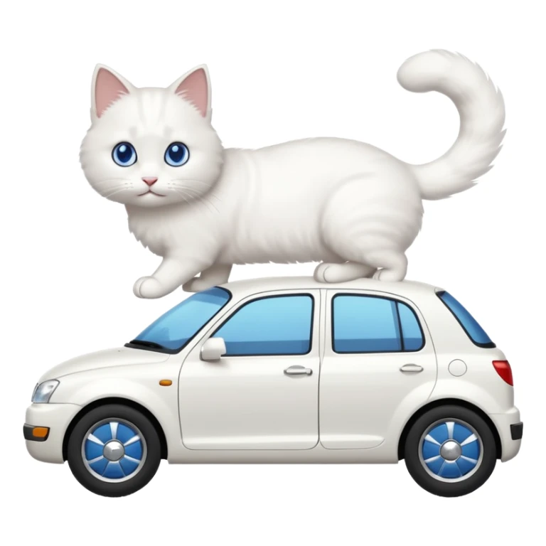 Please create a small emoji the size of 🚗 featuring a pure white cat with stubby tail with blue eyes on a white saloon car viewed from side. Again it is necessary that the emoji must be extremely small, much smaller than a standard sized sticker. sticker