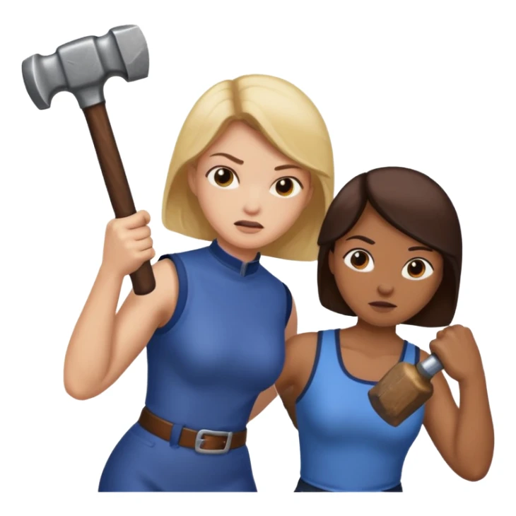 woman fightng man with a hammer and winning sticker