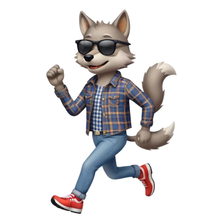 friendly anthropomorphised wolf in jeans and plaid shirt, wearing dark sunglasses, jogging upright in standard pose sticker