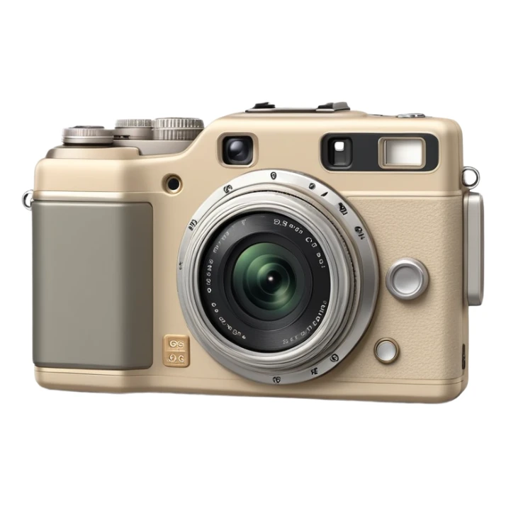 Olympus Superzoom 70G camera, grayish-beige color, accurate representation with correct proportions and silhouette, compact rectangular body with rounded edges, small viewfinder, built-in flash unit on top, lens with zoom functionality, exactly matching the real Olympus Superzoom 70G design sticker