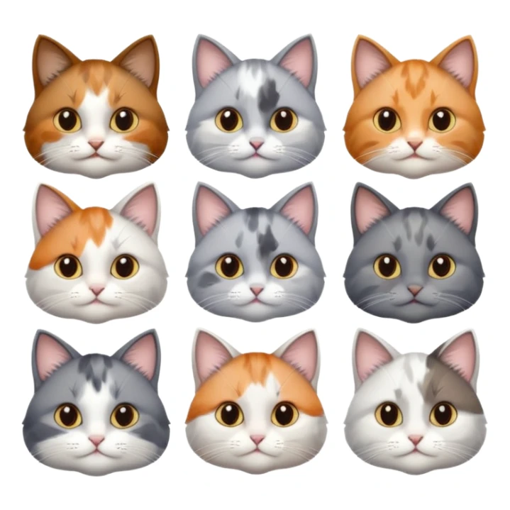 6 realistic looking cats with different natural coloured coats, assorted grey and white, greys, calico, brown and white colours etc
 sticker