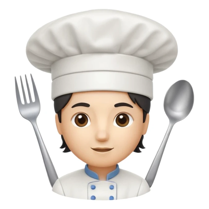 rounded square mobile app logo design, 3d icon of a chef's hat and a fork combined, subtle gradient, minimal soft blue background, flat design, clean, professional food service icon sticker