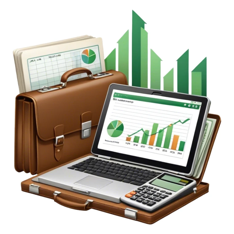 Icon for Business Reading: an open book with a graph and financial charts, a briefcase, a calculator, and a laptop nearby. The icon should represent the world of business, finance, and professional growth. Transparent background. sticker