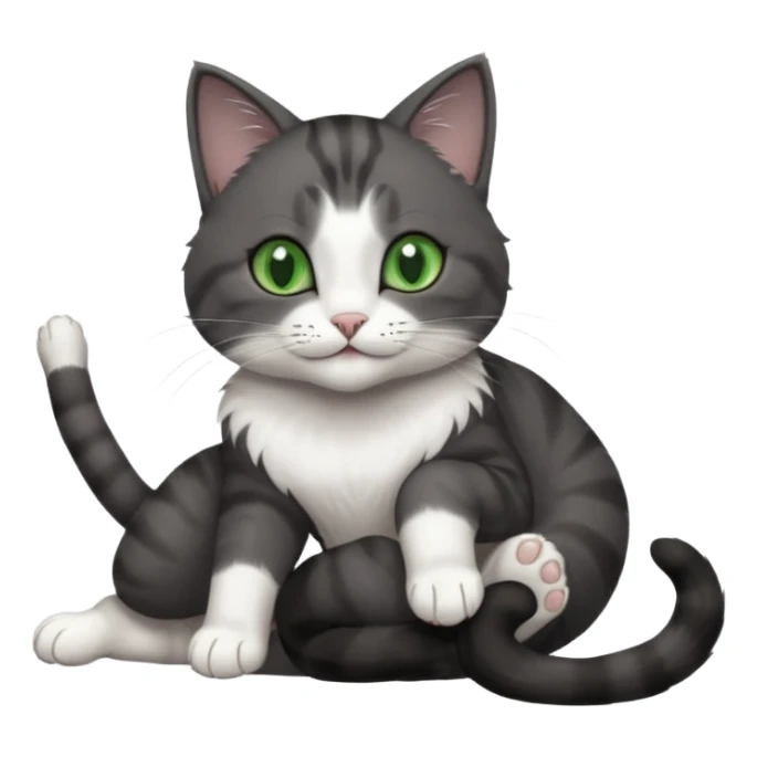 beautiful female solid dark grey cat with green eyes, white toes/paws and white patch on her chest rolling upside down sticker