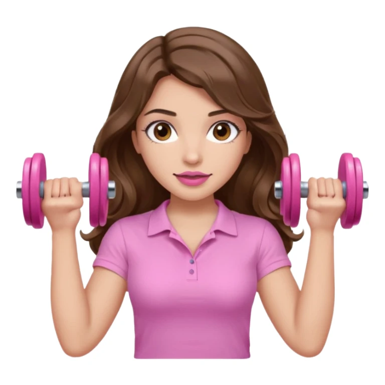 girl with wavy long brown hair, brown eyes, light to medium complexion, long lashes, light pink lipstick, wearing light pink shirt, lifting a pink dumbells sticker