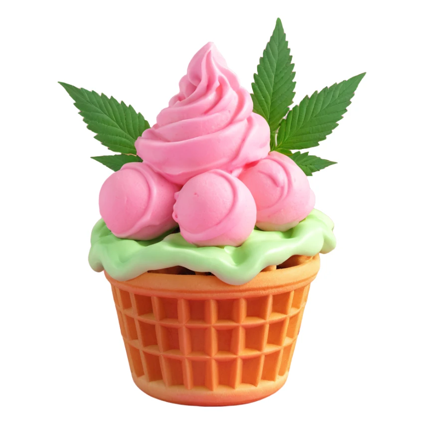 pink gelato in a waffle cup with cannabis leaf sticker