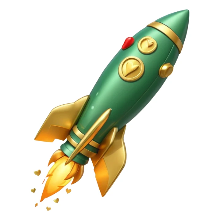 3D rocket with coins and hearts, deep green color (#0B3D2C), gold accents (#C9B037), cream highlights, glossy modern style, transparent background sticker
