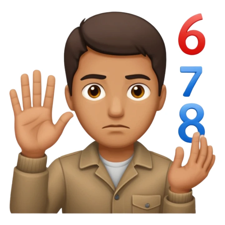 man frowning holding up numbers 6 in left hand and 7 in right hand sticker