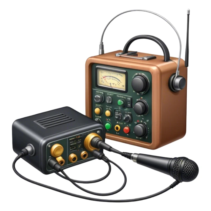 A photorealistic icon featuring a ham radio transceiver, headphones, microphone, antenna, and radio equipment like soldering tools and cables. The design includes detailed textures and realistic lighting, symbolizing the passion for amateur radio and communication. Transparent background. sticker