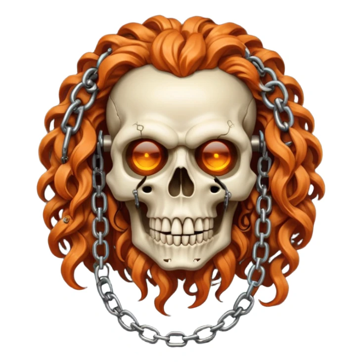 cinematic realistic steampunk Megadeth iconic skull mascot with a rusty chain in his teeth, huge curly orange hair sticker