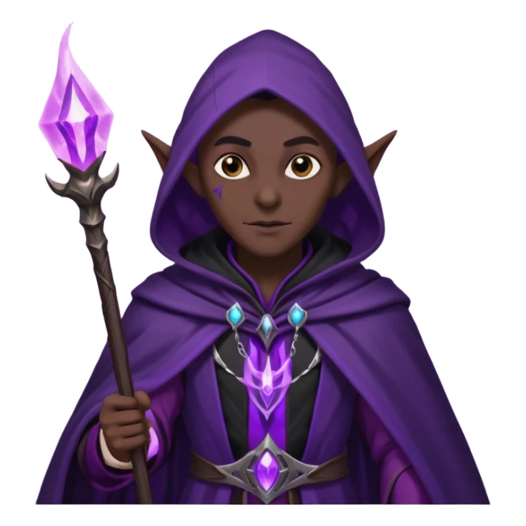 {
      "type": "human",
      "look": "dark elf wizard, black cloak, purple energy around staff",
      "description": "a dark elf wizard in a black cloak channeling purple energy around their staff"
    } sticker