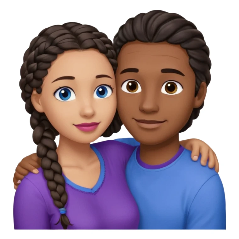 Boyfriend who is very tan olive skinned with blue eyes and wavy straight brown hair in a blue shirt and his girlfriend who is very dark skinned, juicy lipped with black braided hair and the two are hugging and smiling hugely she’s wearing purple and she has black eyes sticker