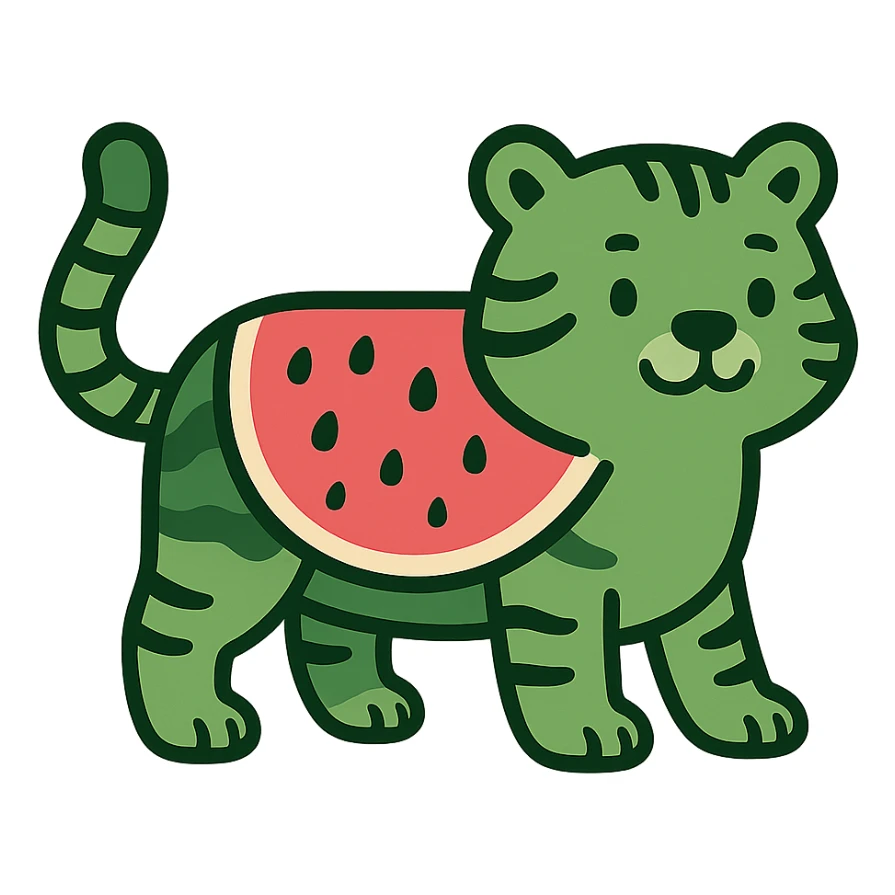 flat toon style green tiger with watermelon body sticker