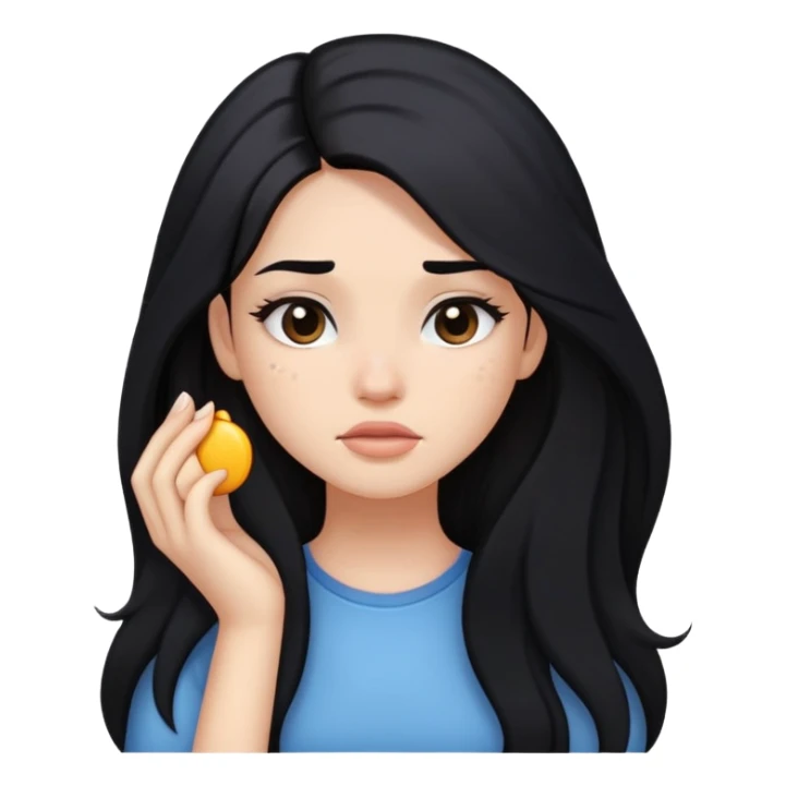 girl with long black hair, soft makeup, and a pimple on her face sticker