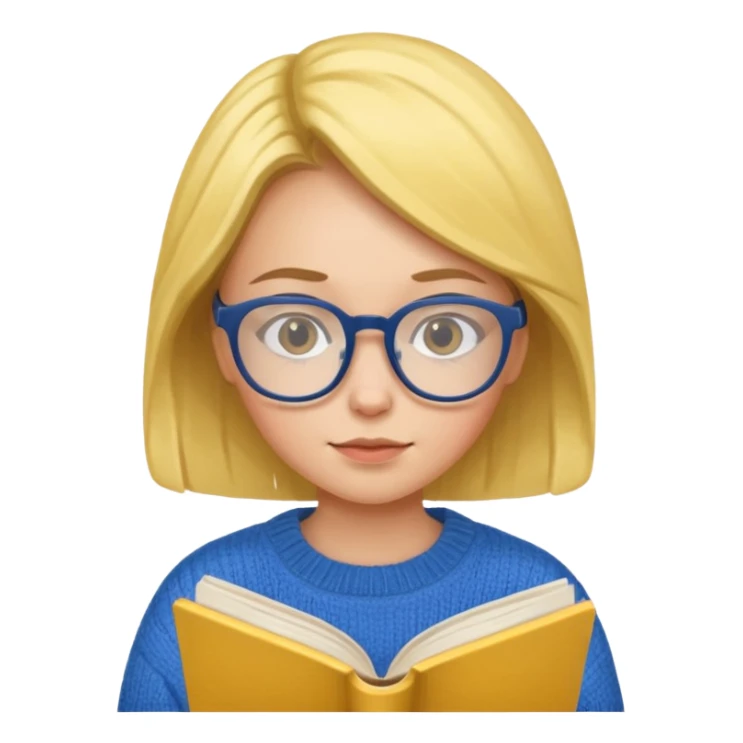 a girl with glasses wearing blue sweater reading a yellow cover book sticker