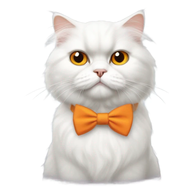 White persian cat with orange eyes, orange patch on head, and bowtie sticker