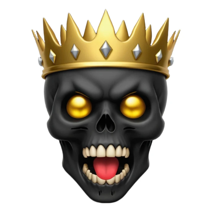 Demonic 3D skull holding its head in shock, mouth open, wearing a golden crown, dark horror vibe sticker