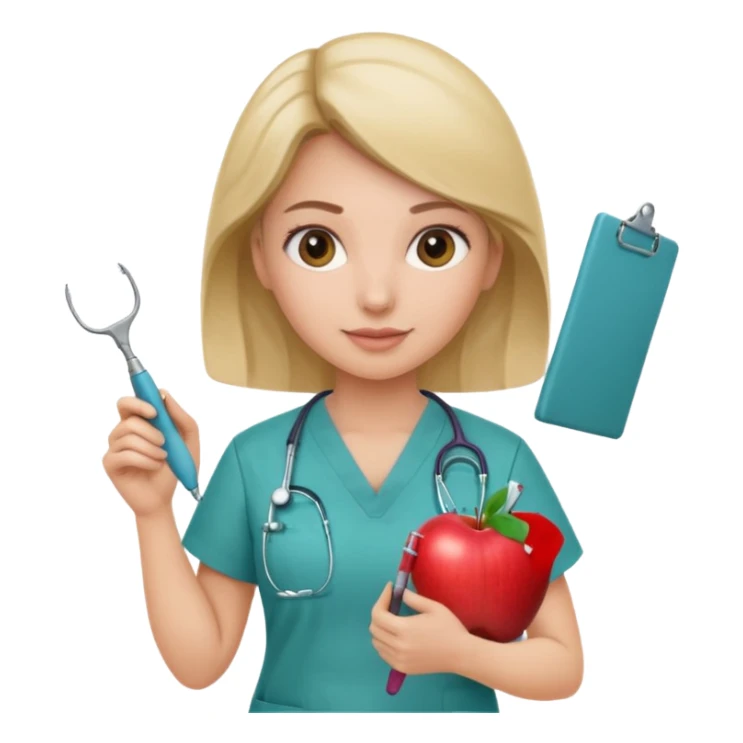 female neurosurgeon in scrubs, holding clipboard and several surgical tools, apple emoji style sticker