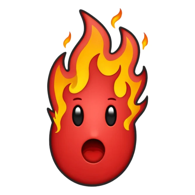 Minimalist emoji-style sticker of a bold exclamation mark surrounded by small flames or cracks. Black and dull red color palette, no outline.
 sticker