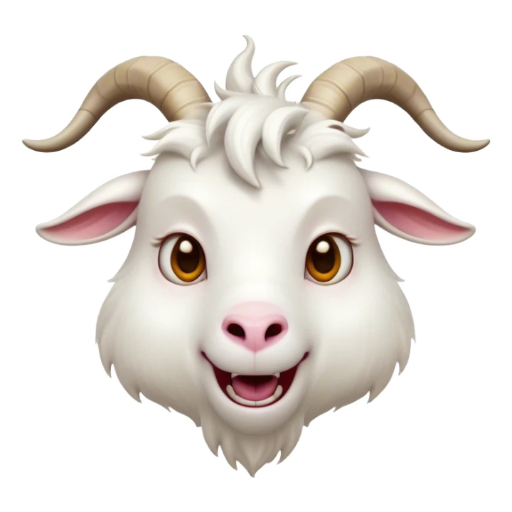 Cinematic Comical White Goat Portrait Emoji, Head tilted dramatically with an exaggeratedly amused expression, featuring a sleek white fur with a prominently quirky set of curved horns, wide, expressive eyes filled with playful disbelief, Simplified yet hilariously expressive features, highly detailed, glowing with a slightly sassy glow, high shine, dramatic yet playful, stylized with an air of cheeky mischief, bright and endearing, soft glowing outline, capturing the essence of a spirited and over-the-top goat, so meme-worthy it feels like it could side-eye its way into internet fame instantly! sticker