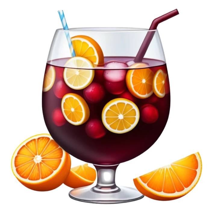 sangria drink with lots of visible ice cubes, wine, fruit slices, extremely cold sticker