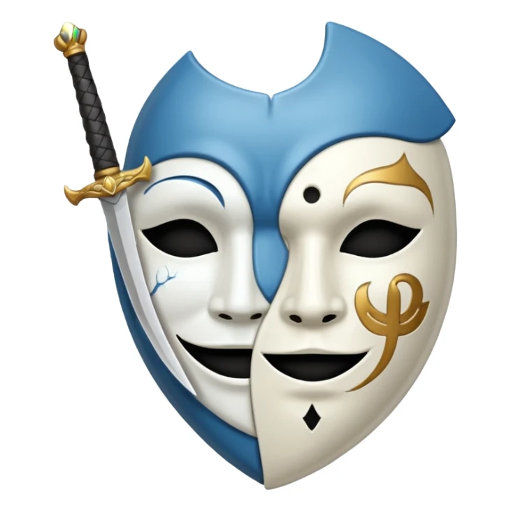 A sword in the middle, on the write sad mask and on the left happy mask sticker