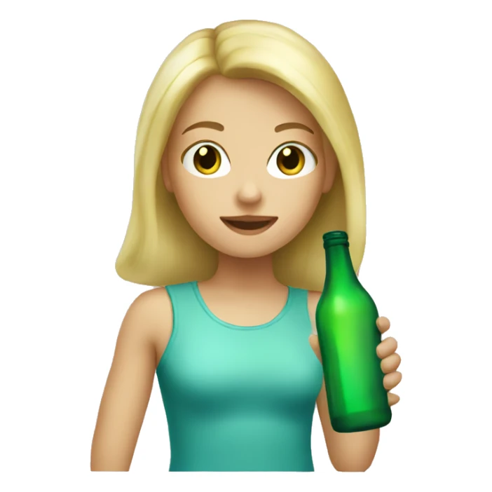 blond girl with a green bottle sticker