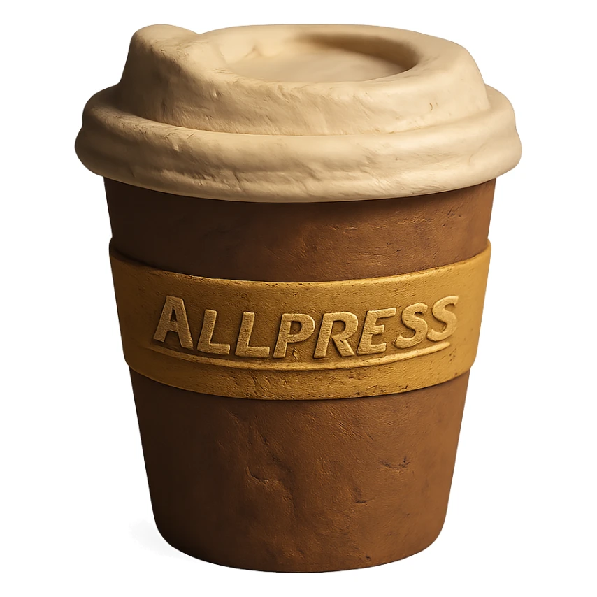 3D claymation style Allpress coffee cup, brown and gold colors, transparent background sticker