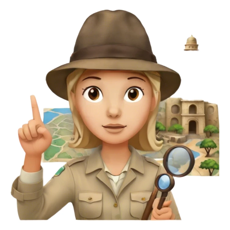 Icon for Documentary Film (TV style): A traveler pointing backward and narrating in front of ancient ruins. Include elements like historical landmarks, maps, and exploration tools to evoke a sense of adventure. Transparent background. sticker