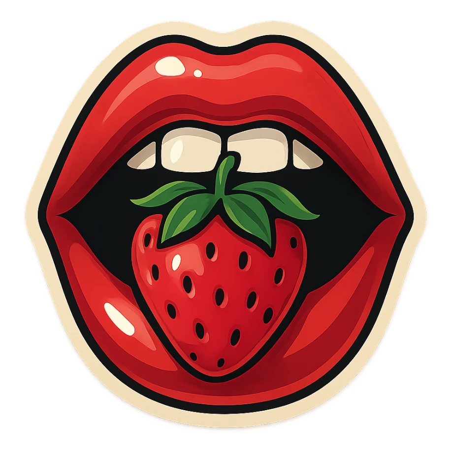 Create a retro sticker style image of glossy red lips holding a strawberry in the mouth, viewed straight on (not at an angle). The lips and strawberry should face directly forward with bold outlines, juicy colors, expressive shadows and highlights. The style should be clean, playful, and bold with no drips or liquid effects. sticker