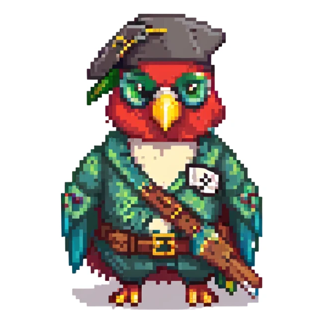 a classic pirate with a green parrot, pixel art style sticker