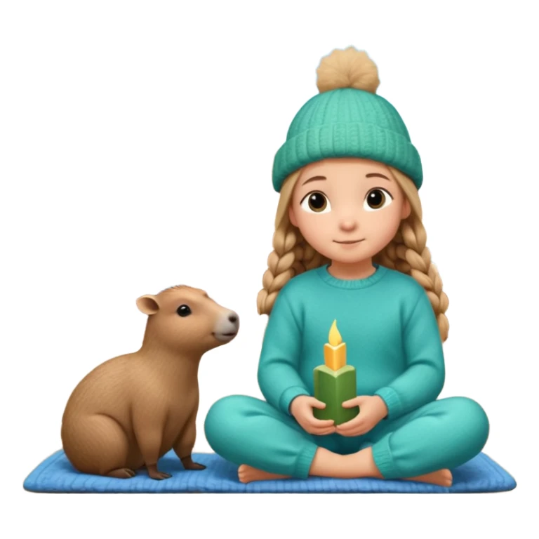 A cute 11-year-old girl with light brown braids in front, wearing emerald green cozy sweater and blue pajama pants, sitting with a fluffy capybara wearing a tiny knitted hat, warm pastel illustration style, soft lighting, Moscow Kremlin spire visible through window in background, 3D render sticker