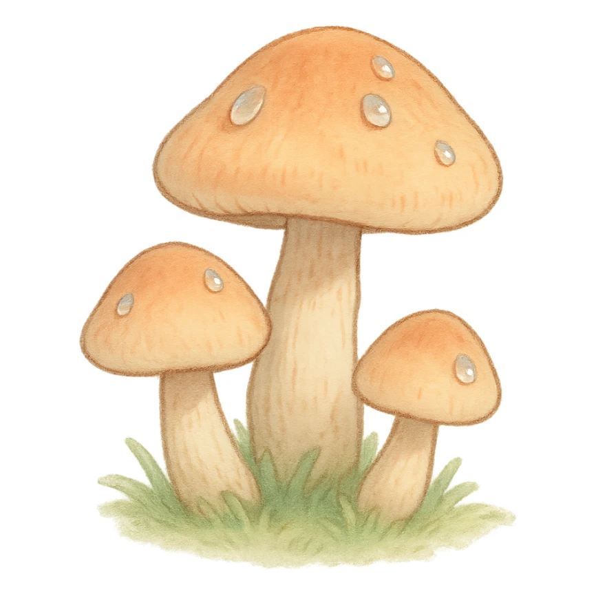 cute small mushroom cluster, soft pastel Japanese hand-drawn, full object, transparent background, with dewdrops on caps sticker