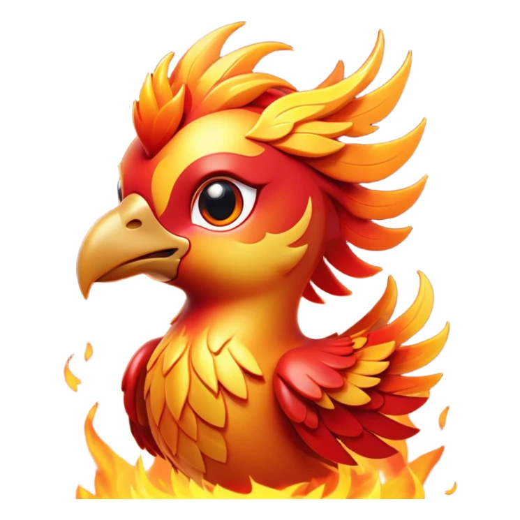 Cinematic Cute fierce & powerful Fire Phoenix Portrait Emoji, Head tilted playfully and inquisitively, showcasing a vibrant, flame-kissed form with intricately detailed feathers in warm shades of red, orange, and shimmering gold, accented by delicate sparks and a gentle, inviting glow; rendered with lifelike detail and soft, radiant light, high shine, enchanting and spirited, styled with a touch of mythic whimsy, soft glowing outline, capturing the essence of a mischievous yet endearing phoenix poised to flutter playfully into your heart! sticker
