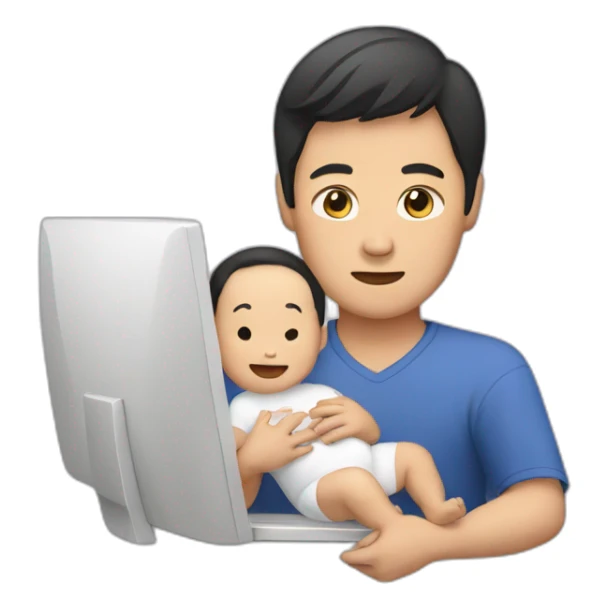 asian man on a computer holding a baby sticker