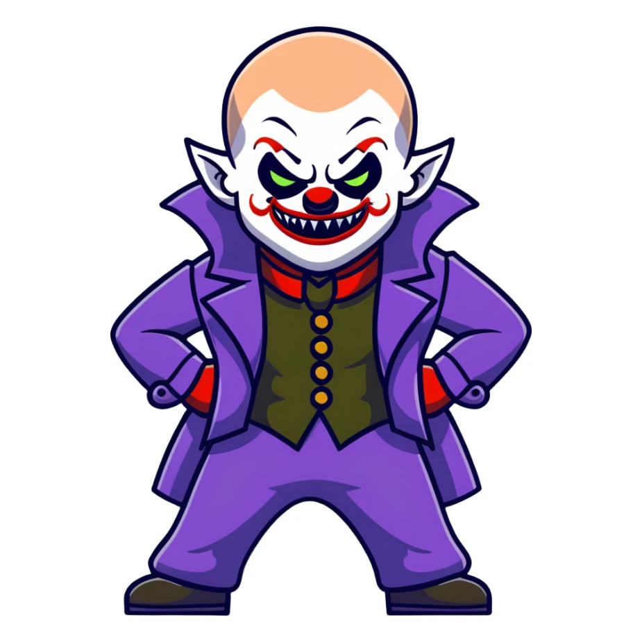 evil clown warrior, bald, small black horns on forehead, fangs, pointed ears, eye patch over one eye, long coat over black and military green leisure suit with bellbottom pants, tail, realistically proportioned, less bulky, full body visible, battle-ready fighting posture sticker