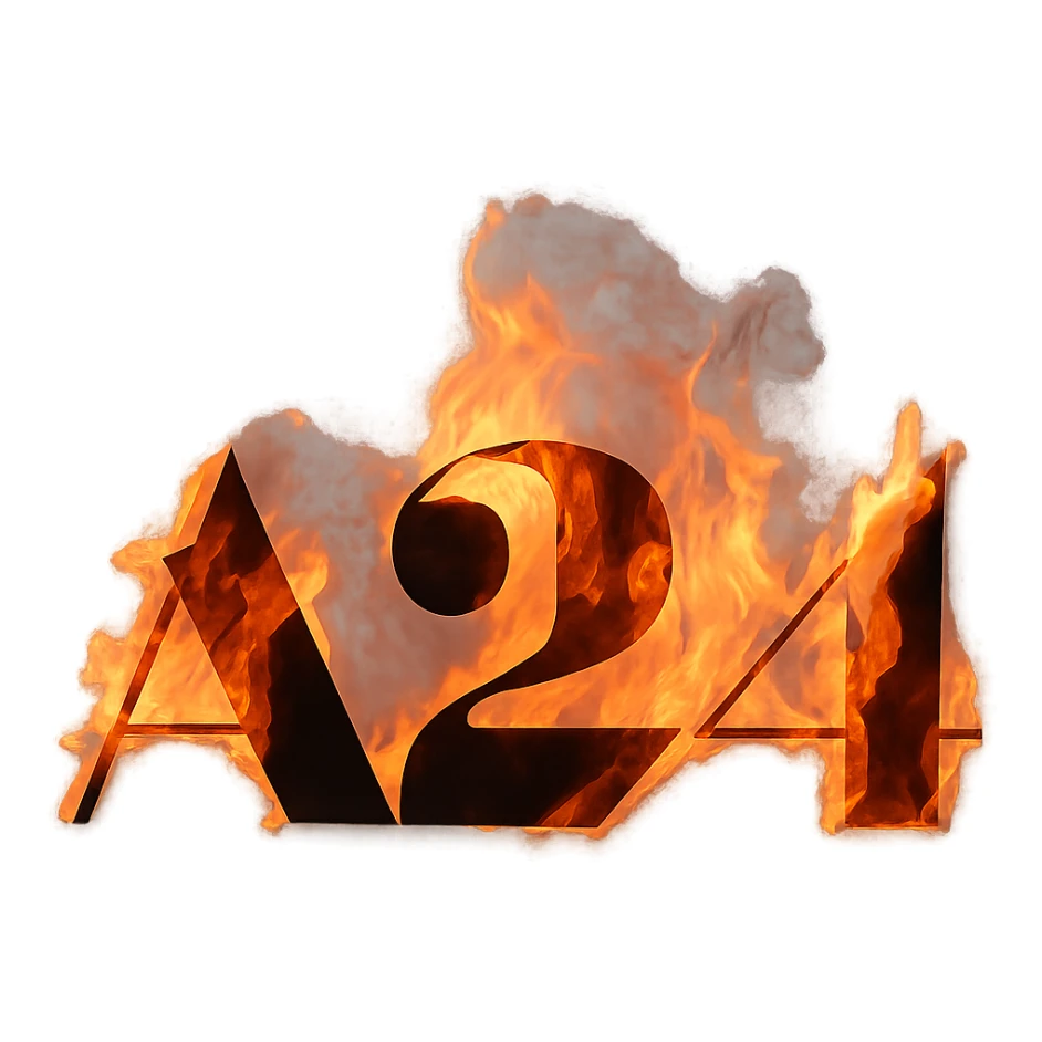 Add realistic, dramatic flames engulfing the A24 logo with a bold and cinematic look, no background. sticker